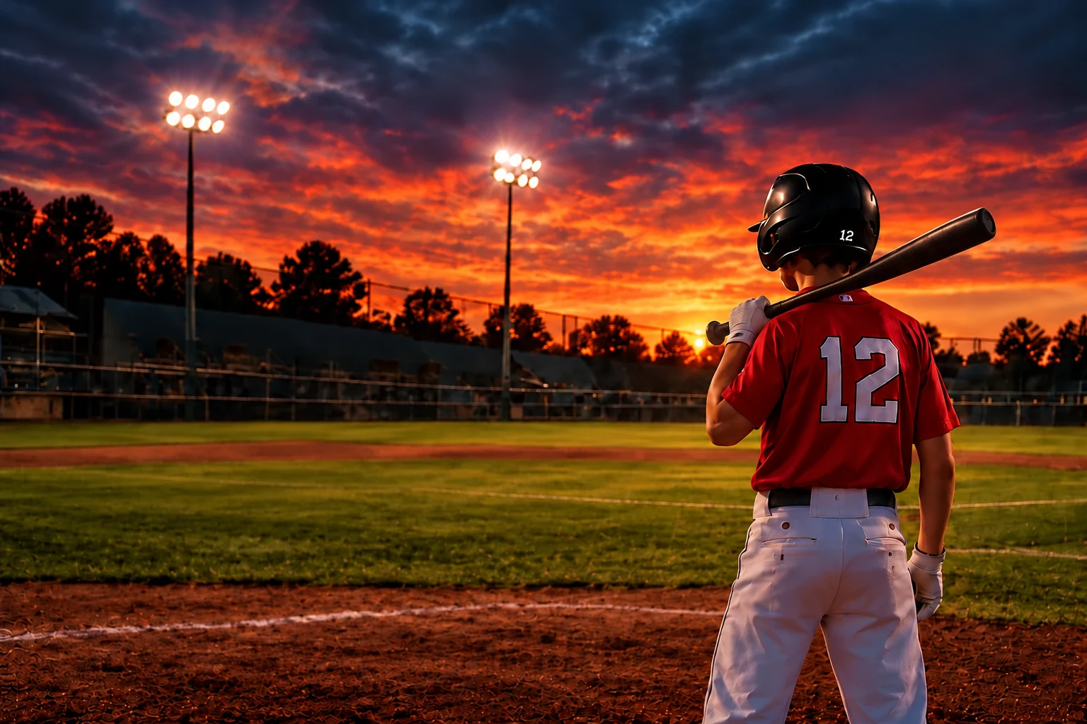 Baseball player in a red number 12 jersey looking out across a baseball field at sunset